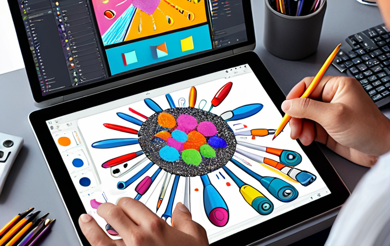 ** A person using AI tools (like on a tablet or computer) for creative work, with a visible blend of digital interfaces and traditional art supplies (like brushes or pencils). The scene should convey a sense of optimistic collaboration between humans and machines, set in a bright, modern workspace.

**