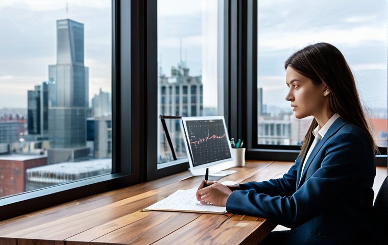 A professional female writer, fully clothed in a modest, smart blazer and a professional shirt, sits thoughtfully at a contemporary desk. The desk is visually divided: one side is a warm, organic wooden surface with a few elegant handwritten notes, symbolizing human creativity; the other side is sleek, metallic, adorned with glowing digital lines and abstract data visualizations, representing AI efficiency. In the background, a large window offers a view of a modern, clean city skyline under soft, diffused light. The overall image captures a contemplative and balanced professional photography style with high detail. safe for work, appropriate content, fully clothed, professional, perfect anatomy, correct proportions, natural pose, well-formed hands, proper finger count, natural body proportions, family-friendly.