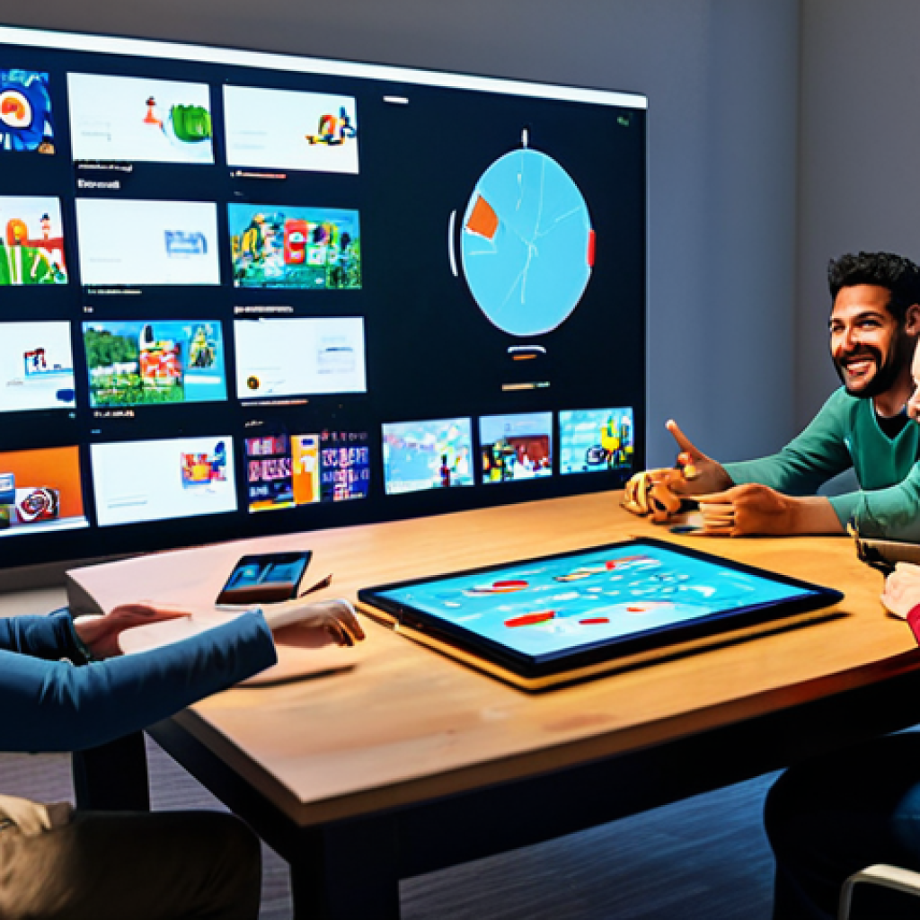 Interactive Storytelling**

A diverse group of fully clothed people are gathered around a table, interacting with a digital screen displaying a branching narrative game. The scene is set in a modern, brightly lit living room. Each person is engaged, smiling, and pointing at the screen. Focus on capturing the collaborative aspect of interactive storytelling. Include elements like controllers, tablets, and animated characters on the screen. Safe for work, appropriate content, family-friendly, professional lighting, perfect anatomy, well-formed hands, natural pose.

**