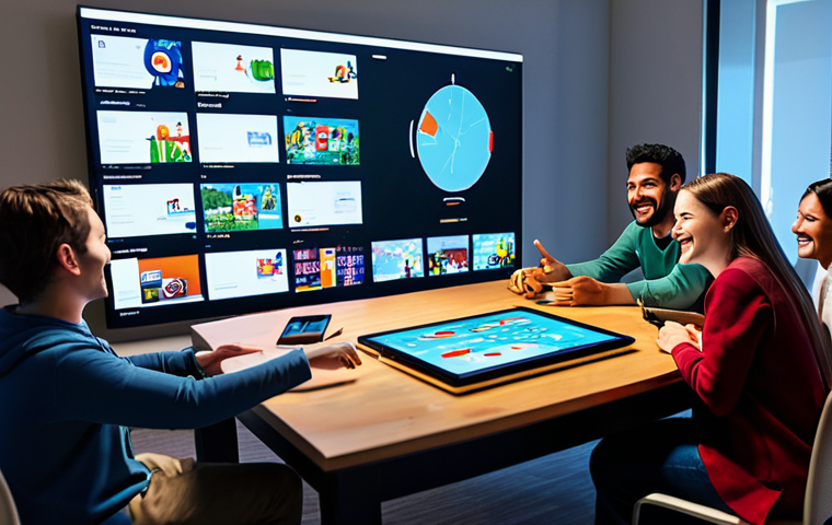 Interactive Storytelling**

A diverse group of fully clothed people are gathered around a table, interacting with a digital screen displaying a branching narrative game. The scene is set in a modern, brightly lit living room. Each person is engaged, smiling, and pointing at the screen. Focus on capturing the collaborative aspect of interactive storytelling. Include elements like controllers, tablets, and animated characters on the screen. Safe for work, appropriate content, family-friendly, professional lighting, perfect anatomy, well-formed hands, natural pose.

**