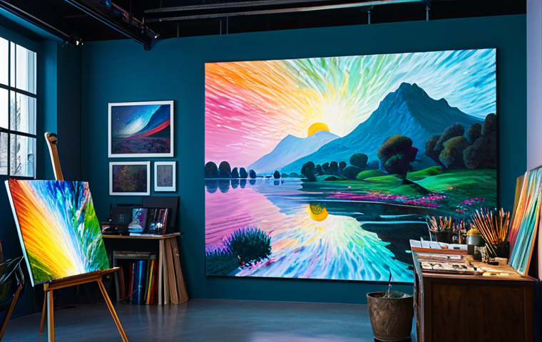 창작과 윤리적 AI 도전 - **Human-AI Artistic Collaboration in a Vibrant Studio**
    A dynamic scene depicting a skilled huma...