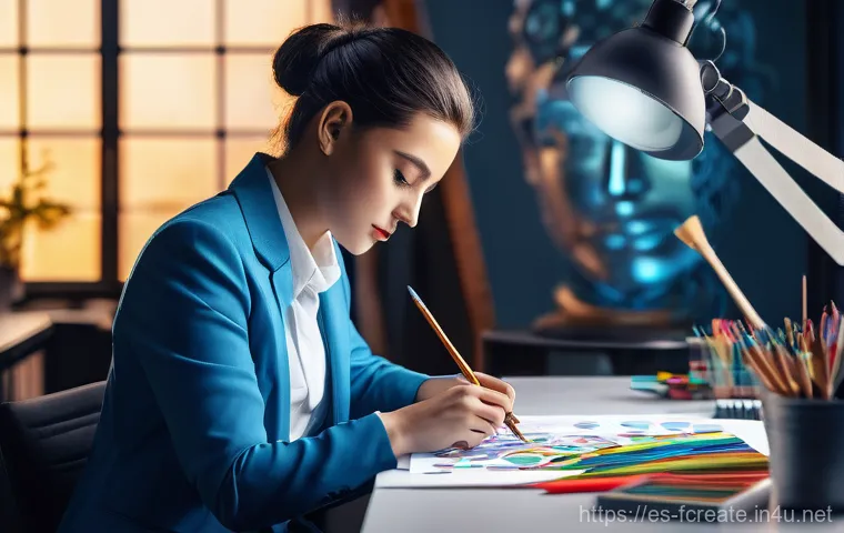 미래 창작에서의 AI 창작 도구 - Here are three detailed image generation prompts in English, adhering to all your specified guidelin...