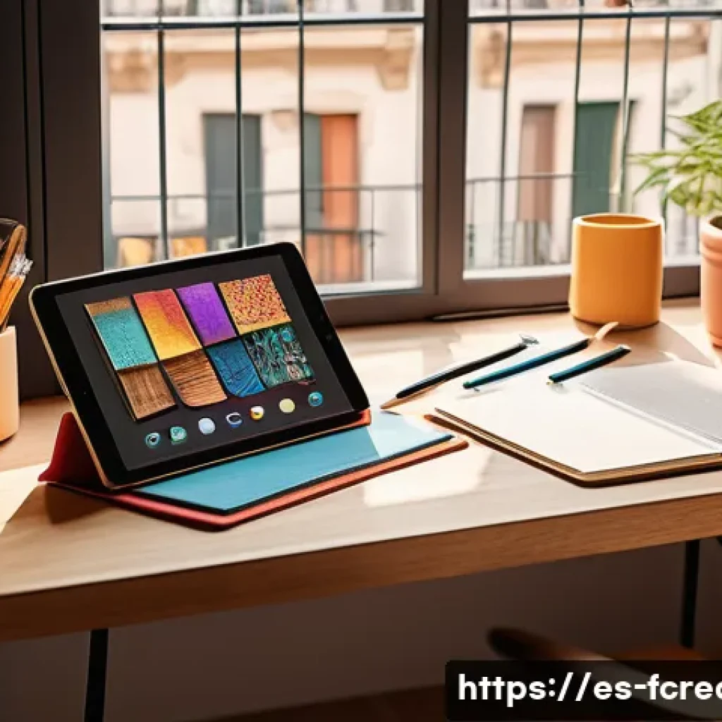 디지털 예술의 창작과 트렌드 - A vibrant digital artist’s workspace in a modern Spanish apartment, featuring a high-resolution iPad...