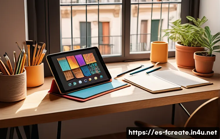 디지털 예술의 창작과 트렌드 - A vibrant digital artist’s workspace in a modern Spanish apartment, featuring a high-resolution iPad...