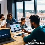 디지털 혁신과 창작 산업의 미래 - A diverse group of young digital content creators collaborating in a modern co-working space in Spai...