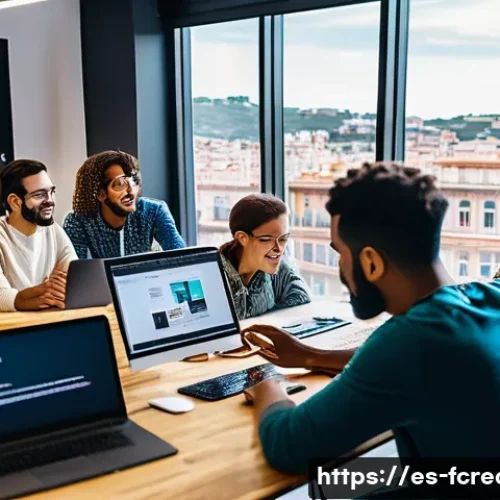 디지털 혁신과 창작 산업의 미래 - A diverse group of young digital content creators collaborating in a modern co-working space in Spai...