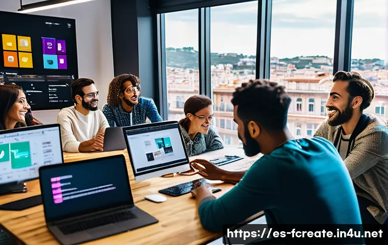 디지털 혁신과 창작 산업의 미래 - A diverse group of young digital content creators collaborating in a modern co-working space in Spai...