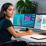 크리에이터 경제에서의 디지털 기술 활용 - A modern digital content creator workspace showing a young Hispanic woman in casual business attire ...