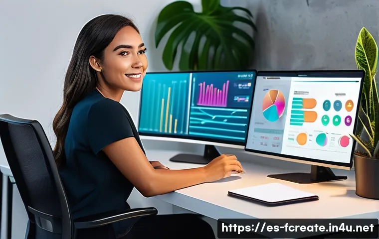 크리에이터 경제에서의 디지털 기술 활용 - A modern digital content creator workspace showing a young Hispanic woman in casual business attire ...