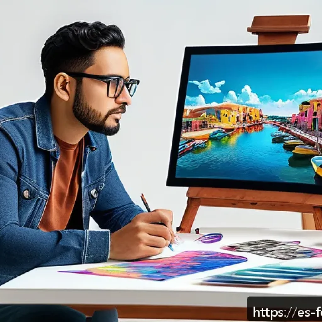 로봇 아티스트와 인간 창작의 차이 - A thoughtful Hispanic digital artist working in a modern studio filled with vibrant colors and digit...