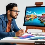 로봇 아티스트와 인간 창작의 차이 - A thoughtful Hispanic digital artist working in a modern studio filled with vibrant colors and digit...