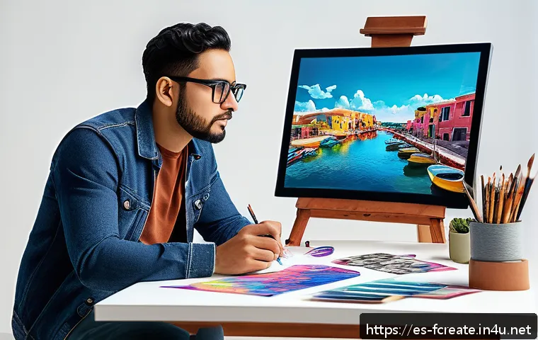 로봇 아티스트와 인간 창작의 차이 - A thoughtful Hispanic digital artist working in a modern studio filled with vibrant colors and digit...