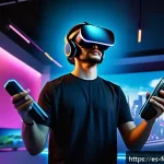 게임과 VR  창작의 혁신 - A highly detailed scene of a young adult gamer wearing a sleek, modern VR headset and holding advanc...