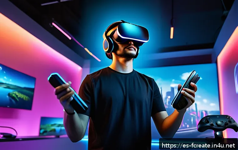 게임과 VR  창작의 혁신 - A highly detailed scene of a young adult gamer wearing a sleek, modern VR headset and holding advanc...