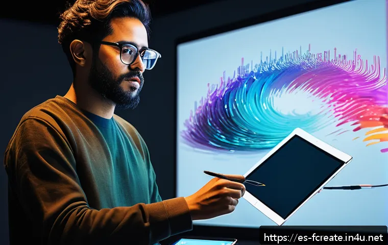 아티스트의 디지털 미래 - A contemporary digital artist collaborating with an advanced AI interface in a sleek, modern studio ...