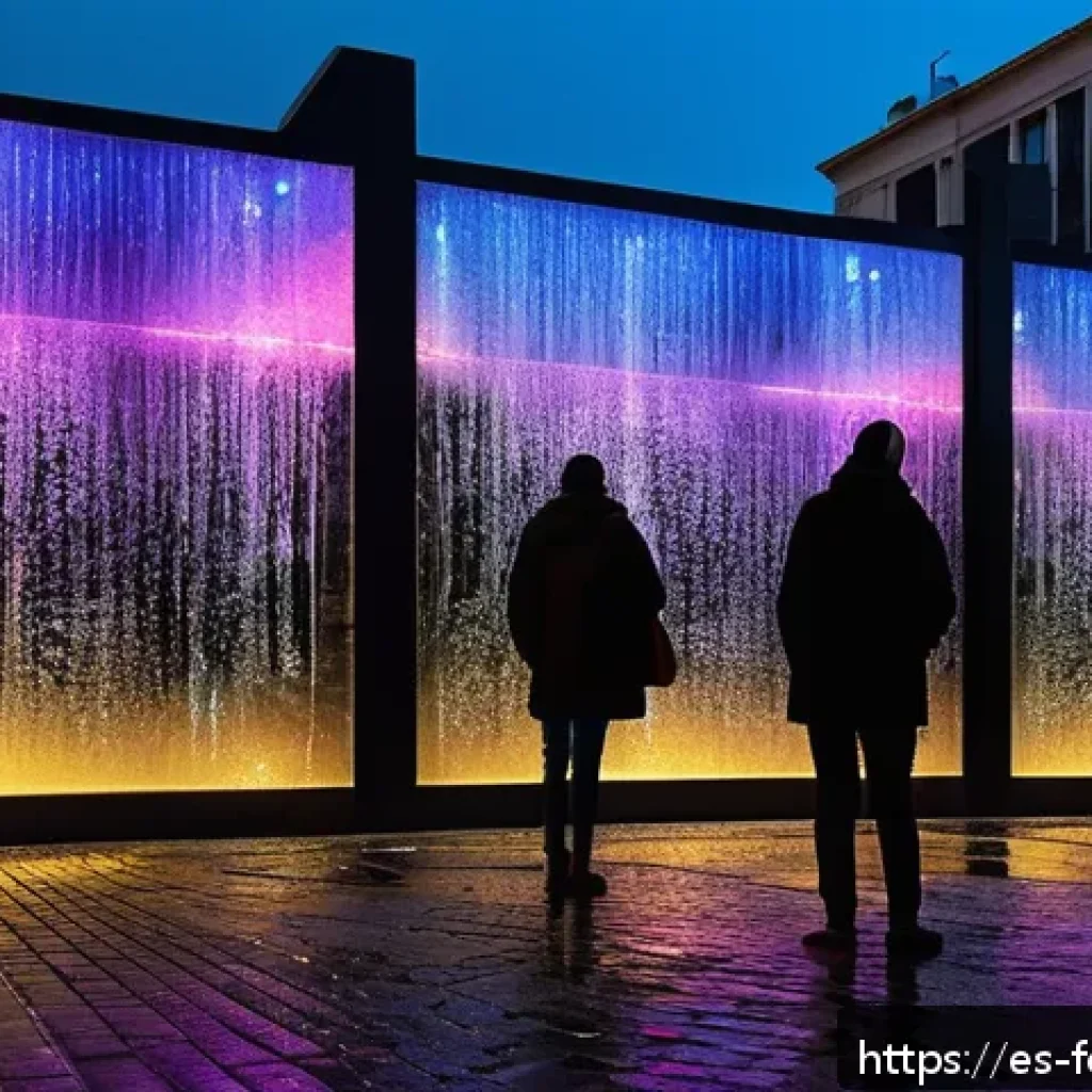 인터랙티브 아트와 창작 - An immersive interactive art installation in a modern urban public plaza in Spain, featuring a dynam...