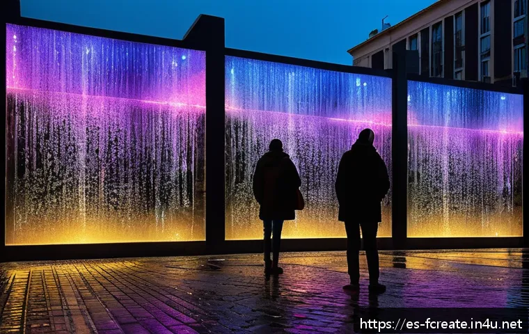인터랙티브 아트와 창작 - An immersive interactive art installation in a modern urban public plaza in Spain, featuring a dynam...