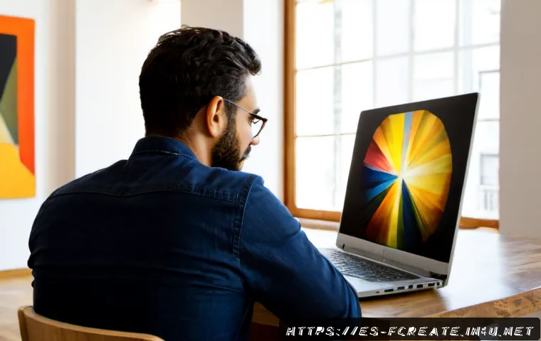 AI와 창작의 윤리적 문제 - Photorealistic editorial scene in a contemporary Madrid creative studio, a Spanish illustrator thoug...