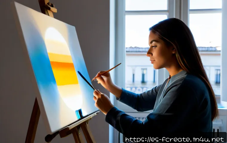 AI와 예술의 경계 허물기 - Photorealistic contemporary art studio in Madrid, a Spanish female painter in modest casual clothing...
