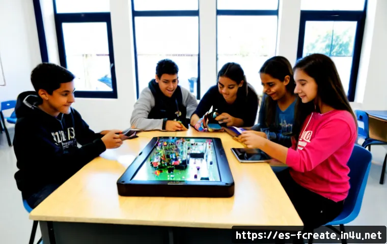 예술과 기술의 융합을 위한 교육 - Photorealistic art-and-technology classroom in a contemporary Spanish community college, diverse tee...